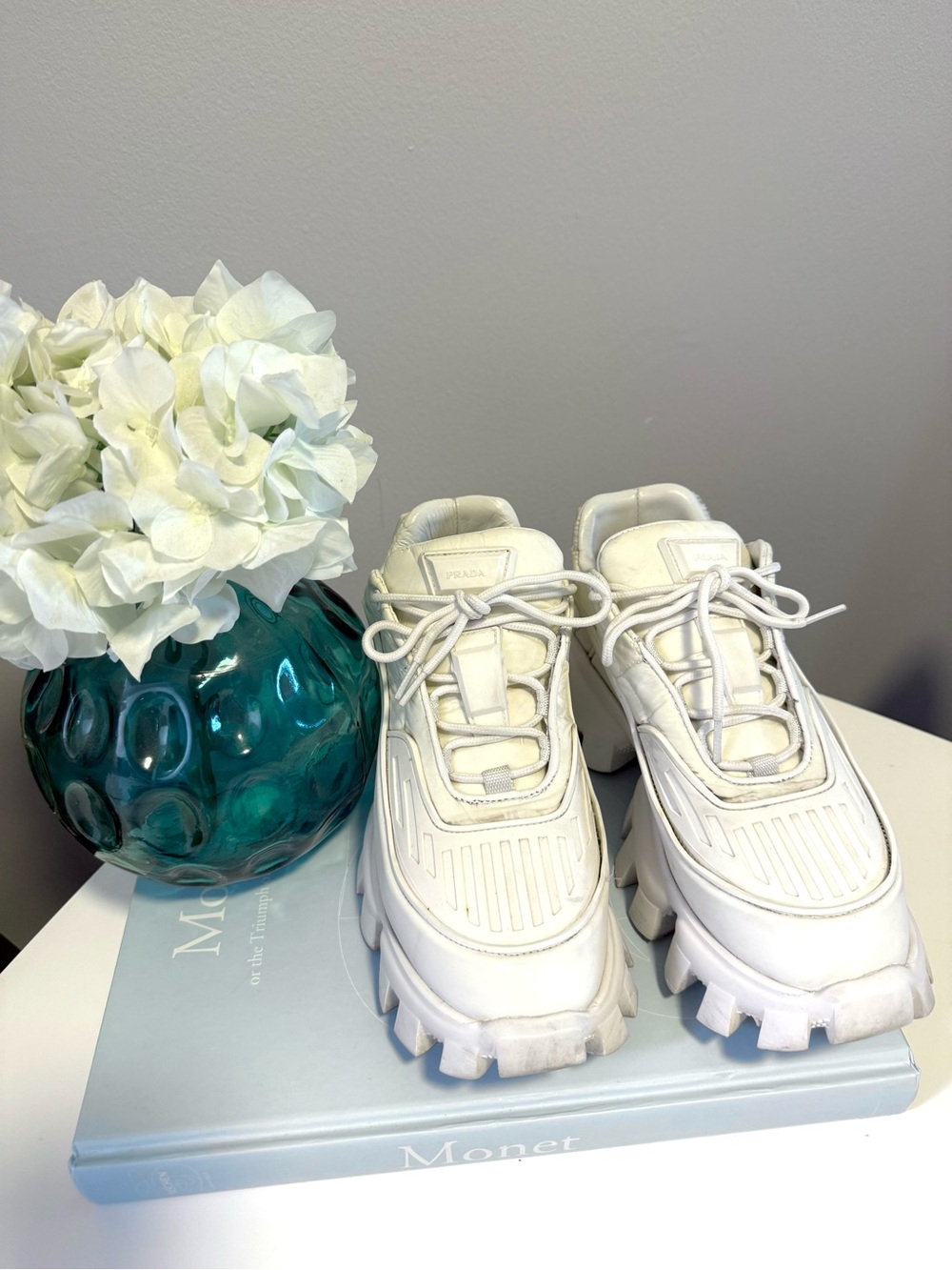 Prada White Platform Lace-Up Sneakers